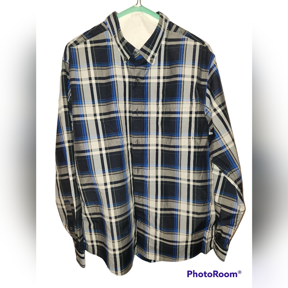 Eddie Bauer Blue and Black Plaid Long Sleeve Top Size L